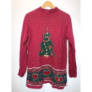 Vintage Karen Scott Christmas Tree Mock Neck Sweater Red Holiday Festive Size‎ S